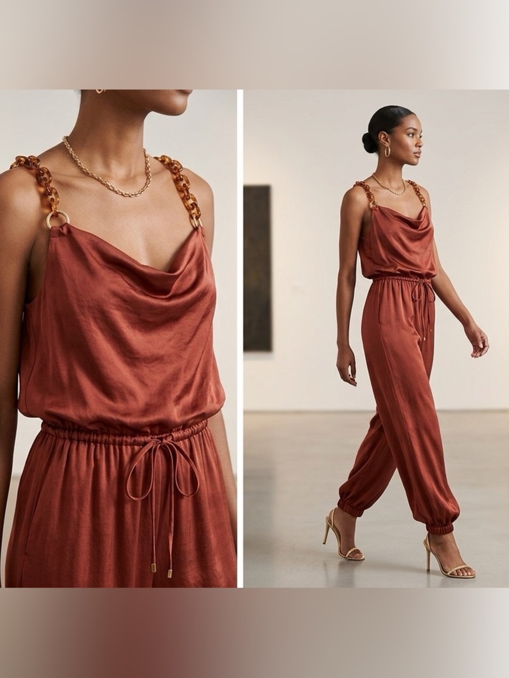 Young Fabulous & Broke YFB  Jumpsuit  with faux tortoise chain straps Small Rust